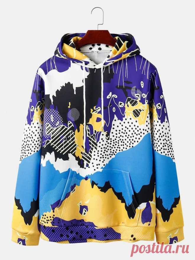 Mens Allover Colorful Abstract Print Casual Drawstring Hoodies With Kangaroo Poc - US$29.99