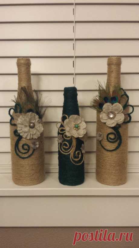 Set of 3 jute twine wine bottles in beige and dark green, center pieces, home…