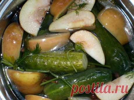 Малосольные огурцы с яблоками.