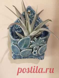 Blue Floral Wall Pocket Ceramic Wall Pocket Ceramic Wall Vase Ceramic Planter with Leaves and Flowers Handmade Clay