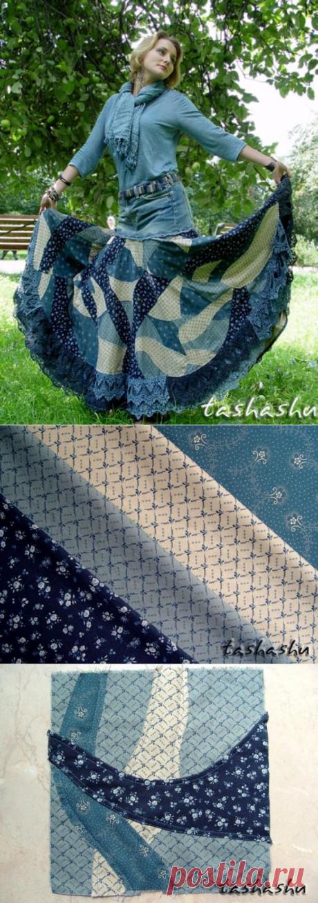 Создаём &quot;кривое&quot; лоскутное полотно и шьём «бохо» юбку из старых джинсов