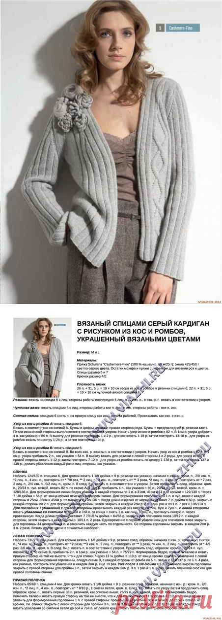 ВЯЗАНЫЙ СПИЦАМИ СЕРЫЙ КАРДИГАН С РИСУНКОМ ИЗ КОС И РОМБОВ, УКРАШЕННЫЙ ВЯЗАНЫМИ ЦВЕТАМИ: Дневник группы «ВЯЖЕМ ПО ОПИСАНИЮ»: Группы - женская социальная сеть myJulia.ru