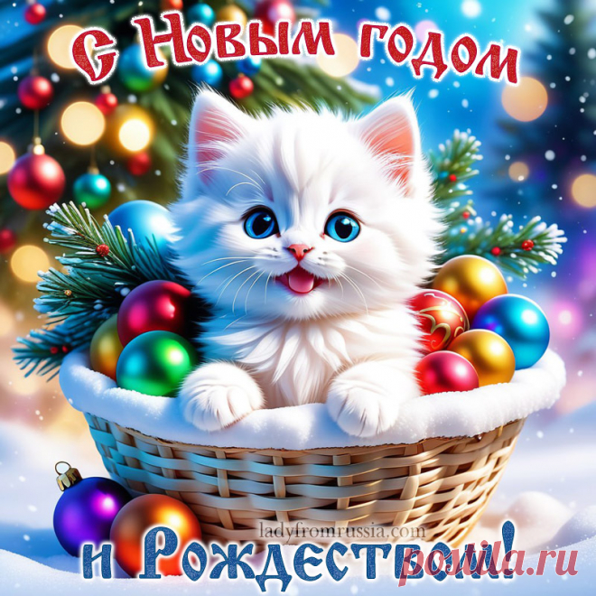 Красивая открытка с Новым годом и Рождеством скачать, новогодняя картинка с котиком