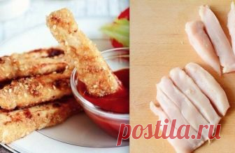 Этому блюду меня научила подруга из Лондона! Хрустящие куриные «Пальчики» 
Каждая палочка по вкусу — это нечто!
Ингредиенты:

500 г куриного филе
1 ст. панировочных сухарей (желательно крупных)
0,5 ст. кефира
3 ст. л. кунжута
2 зубчика чеснока
2 ч. л. молотой сладкой паприк…