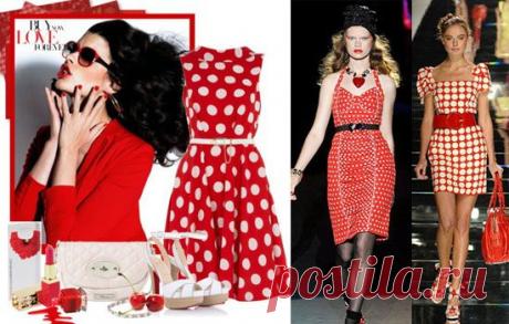 Модные фасоны платьев в горох. Модное платье в красный, белый, черный, синий горошек