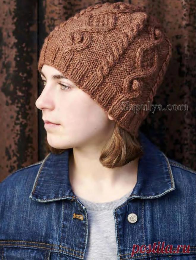 Вязаная шапка узорами из «Кос» и «Шишечек» — Shpulya.com - схемы с описанием для вязания спицами и крючком