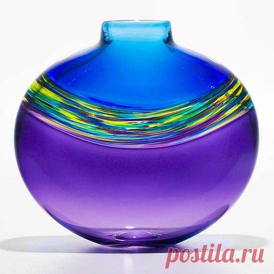 Transparent Banded Vortex Vase in Cerulean Cool Lime and Grape by Michael Trimpol and Monique LaJeunesse (Art Glass Vase) | Artful Home