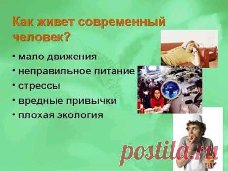 Как живет современный человек?
Гиподинамия, неправильное питание, в состоянии хронического стресса, курение, алкоголь, наркотики, агрессивная экология.  Но каждый из нас хочет быть здоровым, успешным, восстребованным и в обществе, и в семье. Как сохранить здоровье. Этому можно научиться и быть успешным, счастливым, любимым и восстребованным. Мой скайп: vera.vera1951 
Моя почта: vera.belogusskay@mail.ru