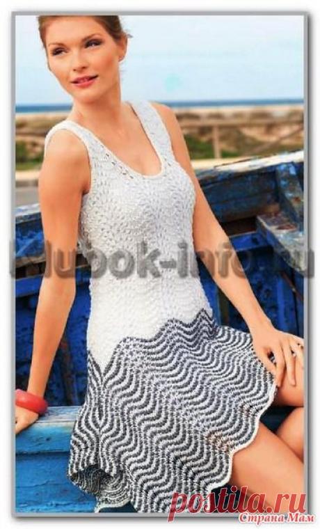 Летнее платье-сарафан с ажурным верхом и полосатой юбкой с разрезами - Вязание спицами - Страна Мам