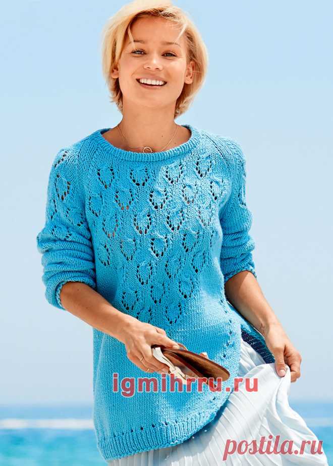 Пуловер-реглан со скошенным боковым разрезом. Вязание спицами со схемами и описанием