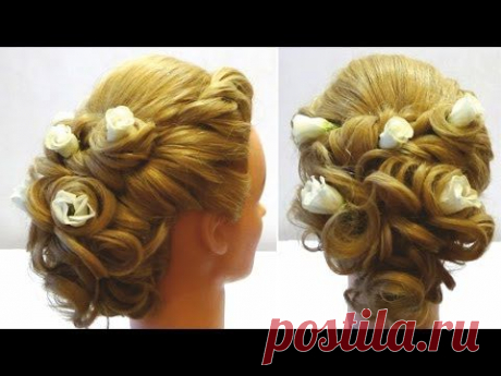 Свадебная прическа с цветами. Wedding hairstyle with flowers for long medium hair. - YouTube