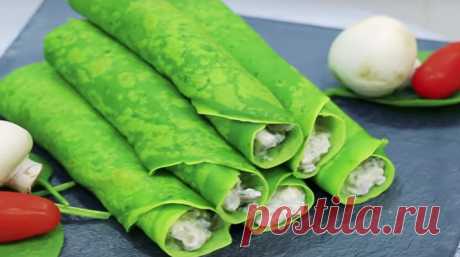 Рецепт приготовления зеленых блинчиков, фаршированных грибами, Это необычайно вкусное и полезное блюдо. Кроме того, его яркий вид просто приводит в восторг!