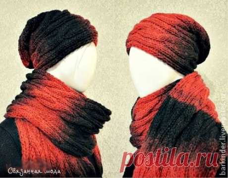 Вязаный комплект &quot;Чёрно-красный переплёт&quot; - в полоску,шарф,шарф женский