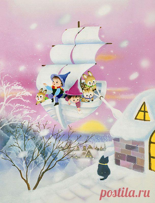 Животных иллюстрации снега, небо приходит на ум парусного судна, фея и кролика нас