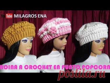 Boina a crochet paso a paso en puntos POPCORN y ELÁSTICO para diferentes edades