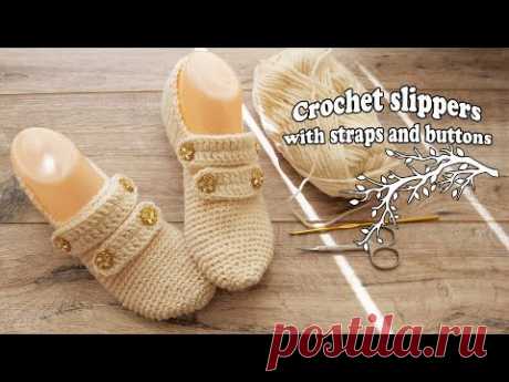 Вязаные домашние следки 🌞 Crochet slippers with straps and buttons