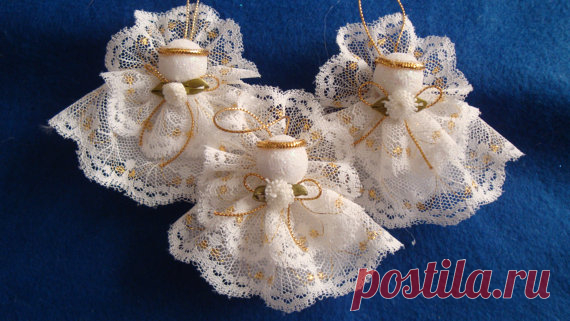 Betty - Angel, Ornament set of three. handmade.Christmas, Decoration,Gift wrap, Christmas tree, Betty - comes as a set of three angels. Her dress and wings are gold and white or silver and white lace and she is trimmed with two small white flowers. She has a tulle underskirt. She is three inches long from the top of her wings to the bottom of her skirt . She hangs from gold or silver ornament cord. She is perfect for the small christmas tree or as a gift tie on instead of ...