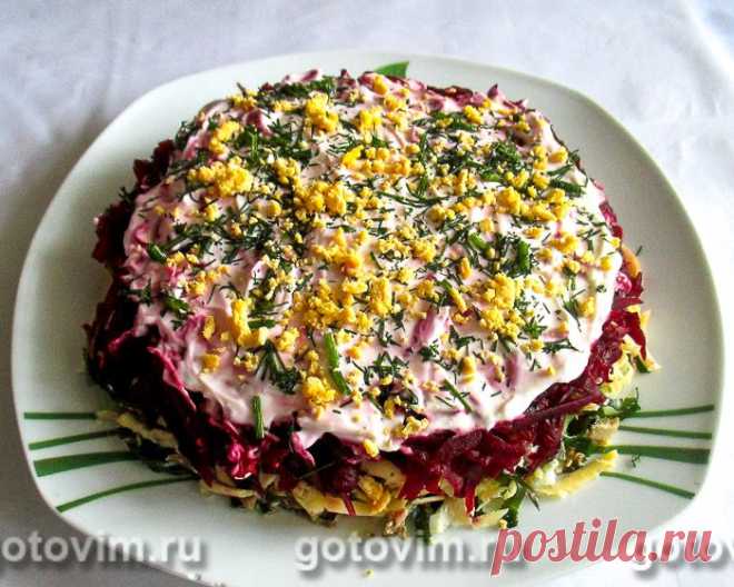 Слоеный салат из свеклы, морской капусты и шпрот. Рецепт с фото 

Для рецепта салата вам потребуется:

    морская капуста (сушёная) - 40г
    свёкла - 180г
    белокочанная капуста - 120г
    шпроты в масле - 160г
    яйца - 2 шт.
    чеснок - 2 дольки
    соль - 1 щепотка
    сыр - 120г
    майонез - 150-180г
    укроп для украшения