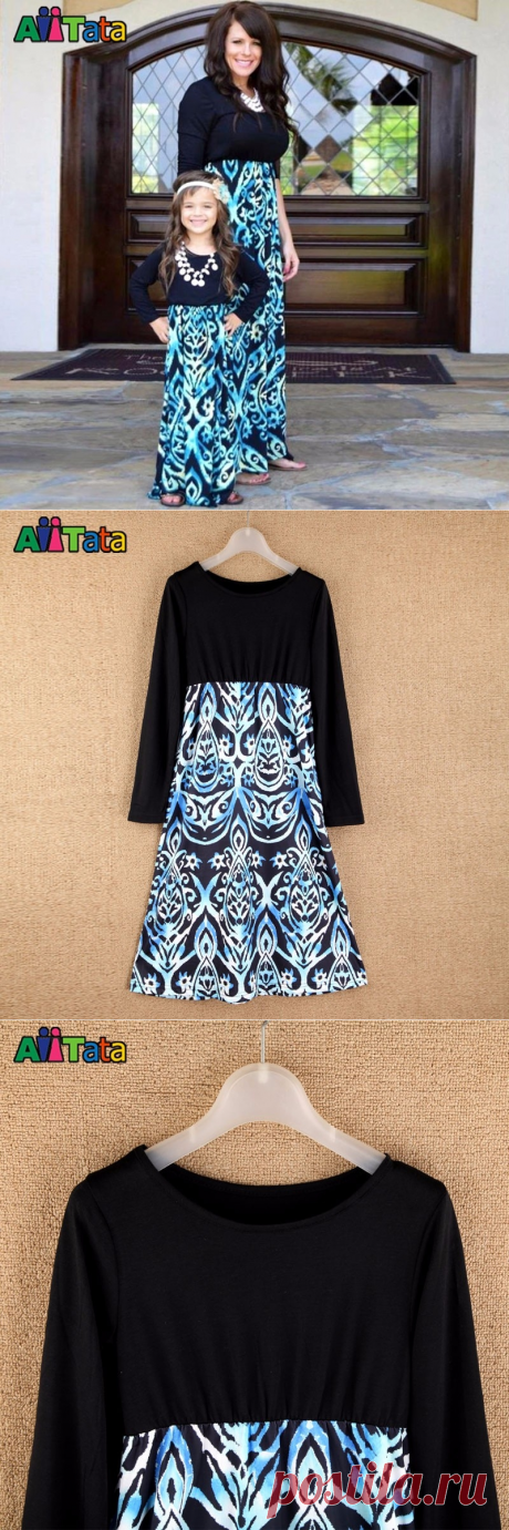 Черно-бирюзовое на длинный рукав платье-макси для мамы и дочки - Детские платья нарядные и каждодневные / СЮРПРАЙЗ