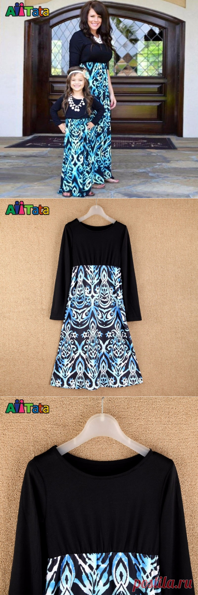 Черно-бирюзовое на длинный рукав платье-макси для мамы и дочки - Детские платья нарядные и каждодневные / СЮРПРАЙЗ