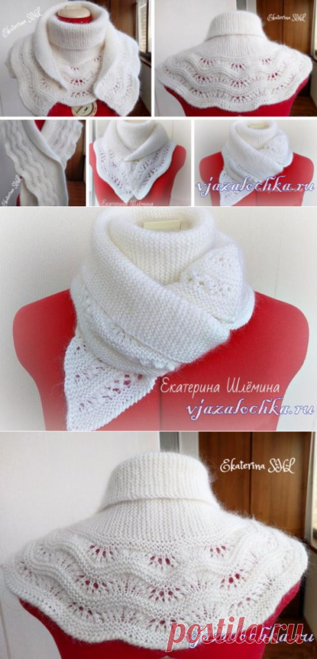 Белый шарф спицами с каймой
