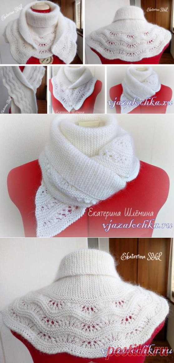 Белый шарф спицами с каймой