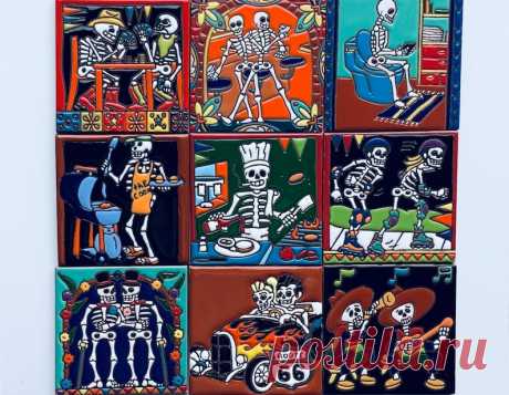 Azulejo Mexicano de Talavera, Tema del Día de Muertos, Hecho a mano, 4x4in, Decoración del hogar, Posavasos, Pintado a mano, esqueletos, Azulejo cerámico - Etsy Chile