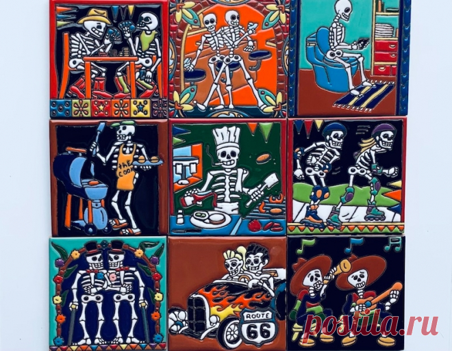 Azulejo Mexicano de Talavera, Tema del Día de Muertos, Hecho a mano, 4x4in, Decoración del hogar, Posavasos, Pintado a mano, esqueletos, Azulejo cerámico - Etsy Chile