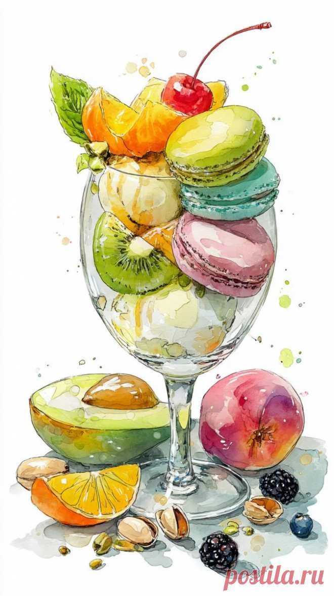 Сладкое изобилие: акварельный натюрморт с десертами и фруктами. Нейронная сеть Миджорни - Midjourney примеры промтов - Форум ИИ о нейросетях - Yes Ai