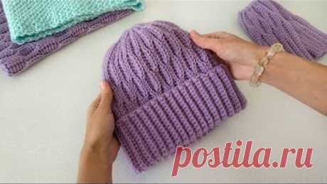 Красивая шапка крючком из одного мотка. Узор "Соты" . Шапка с отворотом / Crochet hat