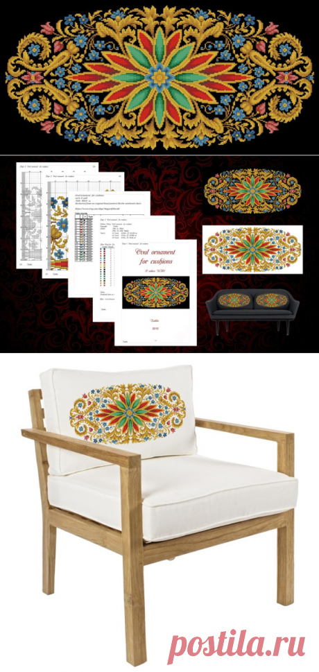 Oval ornament for cushions vintage cross stitch от MagicOfNeedle