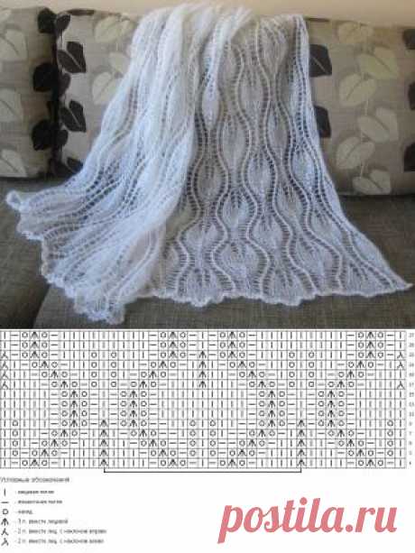 Шаль из мохера спицами узором с листьями | Ажурные Узоры