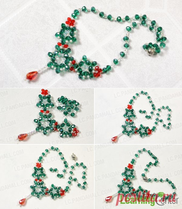 How to Make a Green and Red Glass Beaded Flower Statement Necklace with Crystal Drop - Pandahall.com
