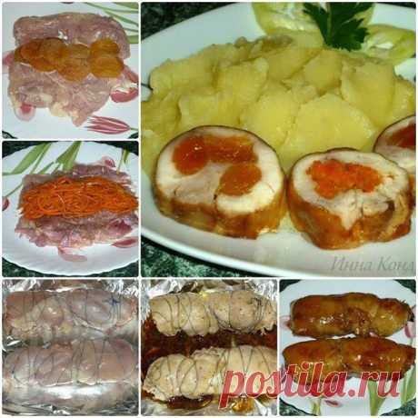 Куриные рулеты с курагой и корейской морковкой. 
Куриные рулеты с курагой и корейской морковкой - очень вкусные. Они станут прекрасным дополнением к любому праздничному столу. Минимум усилий, максимум удовольствия. 
Для приготовления куриных рулетов с курагой и корейской морковкой вам потребуется: 
куриные окорочка - 2 шт.; курага - 50 г; 
корейская морковка - 50 г; 
соль, перец - по вкусу; 
мёд - 1ст. л.; соевый соус - 2 ст. л.; карри - 1 ч. л. 
Курагу промыть и замочить ...