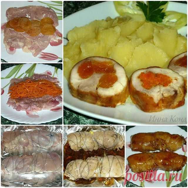 Куриные рулеты с курагой и корейской морковкой. 
Куриные рулеты с курагой и корейской морковкой - очень вкусные. Они станут прекрасным дополнением к любому праздничному столу. Минимум усилий, максимум удовольствия. 
Для приготовления куриных рулетов с курагой и корейской морковкой вам потребуется: 
куриные окорочка - 2 шт.; курага - 50 г; 
корейская морковка - 50 г; 
соль, перец - по вкусу; 
мёд - 1ст. л.; соевый соус - 2 ст. л.; карри - 1 ч. л. 
Курагу промыть и замочить ...