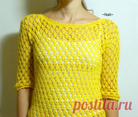 Ярко жёлтая кофточка.
Отличная летняя моделька.
Состав: 100% хлопок.
Пряжа:  Anna Twist
Познакомится подробнее с моим творчеством можно в моей группе: https://vk.com/vazanie_ot_nati Другие фото этой кофточки по ссылке