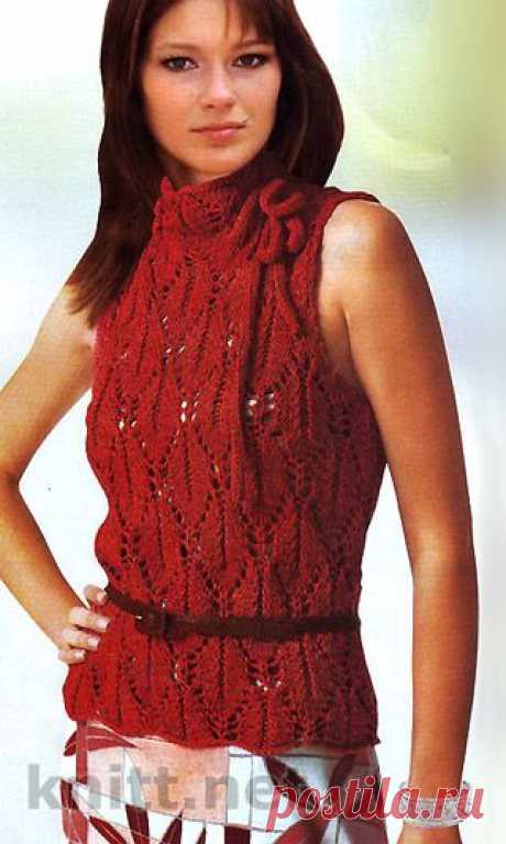 Ажурный топ красного цвета спицами | knitt.net | Все о вязании