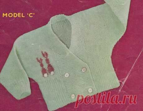 vintage baby knitting pattern for 3 ply cardigan with bunny motif in size 3-6m This item is a PDF file of the knitting pattern for a beautiful and unusually shaped vintage cardigan.    The size given is 3/6 months. This cardigan is from a booklet, sadly most of the contents were missing with just this one design left intact, however I love this one the most. Its just lovely, worked mostly in one piece with ribbing added on at the end.    The pattern will be available for d...