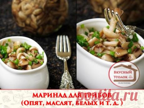 МАРИНАД ДЛЯ ГРИБОВ (Опят, маслят, белых и т. д. ) 
1 литр воды; 
2 ст. л. сахара; 
4 ч. л. соли; 
3 шт. лаврового листа; 
6 горошин душистого перца; 
4 шт. гвоздики; 
3 кусочка корицы (молотой ½ ч. л.) ; 
3 ч. л. уксусной эссенции 70 %. 
При использовании столового 5% уксуса необходимо взять 800 мл воды и 200 мл 5% уксуса. При использовании 9% уксуса - 890 мл воды и 110 мл 9% уксуса. 
ПРИГОТОВЛЕНИЕ: 
Вскипятить воду, добавить специи, проварить минутки три (уксус добавить в самом конце варки)