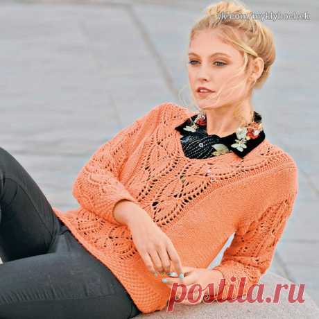 Коралловый пуловер с ажурными листьями
Размеры: 36/38 (40/42) 44/46
ВАМ ПОТРЕБУЕТСЯ
Пряжа (94% хлопка, 6% нейлона; 230 м/100 г) — 500 (600) 600 г коралловой; спицы №6; 2 чулочные спицы №6.
УЗОРЫ И СХЕМЫ
ЛИЦЕВАЯ ГЛАДЬ
Лицевые ряды — лицевые петли, изнаночные ряды — изнаночные петли. В круговых рядах петли провязывать лицевыми.
ИЗНАНОЧНАЯ ГЛАДЬ
Лицевые ряды — изнаночные петли, изнаночные ряды — лицевые петли.
ДВОЙНОЙ ЖЕМЧУЖНЫЙ УЗОР
Попеременно 1 петля лицевой глад...