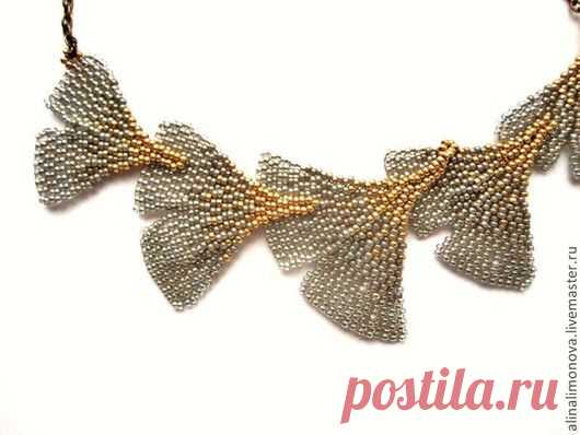 Купить Колье Листья Гинкго - серый, золотой, botanical jewelry, ботаника, гинкго, листья