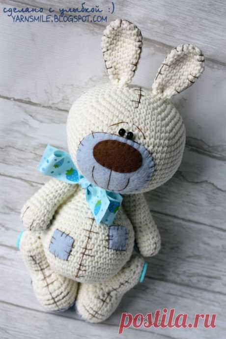 crochet toy teddy bunny rabbit with patches Saly - crochet teddy bunny with patches. Birthday: february 5  Bunny is looking for new home, where he will become a good friend to somebody, who will love him. IN REAL HE IS MORE CUTE THAN ON PHOTO more photos you can find in my blog: https://yarnsmile.blogspot.com/2016/02/blog-post_6.html  Detales: Handmade - crocheted my me from my own pattern and design. Crocheted from 100% cotton yarn, patches are from polar fleece fabric, pl...