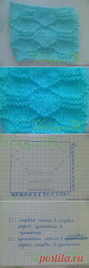 Узор спицами "Боны" из лицевых и изнаночных. Схема и описание вязания.