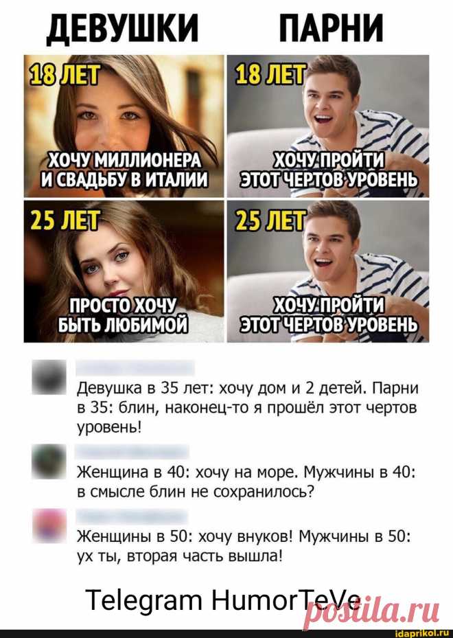 ПАРНИ "ХОЧУ МИЛЛИОНЕРА" СВАДЬБУ В ИТАЛИИ ЭТОТ ЧЕРТОВ УРОВЕНЬ 25 БЫТЬ ЛЮБИМОЙ I I Девушка в 35 лет: хочу дом и 2 детей. Парни в 35: блин, наконец-то я прошёл этот чертов уровень! Женщина в 40: хочу на море. Мужчины в 40: в смысле блин не сохранилось? Женщины в 50: хочу внуков! Мужчины в 50: ух ты, вторая часть вышла! Теедгат - АйДаПрикол