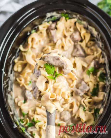 Slow Cooker Beef Stroganoff Slow Cooker Beef Stroganoff combines savory beef, an irresistible creamy sauce and delicious egg noodles to create an EASY dinner your family will love.