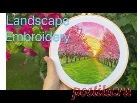 Road of Cherry Blossom Tree 🌸 — Needle Painting Landscape Hand Embroidery Time Lapse