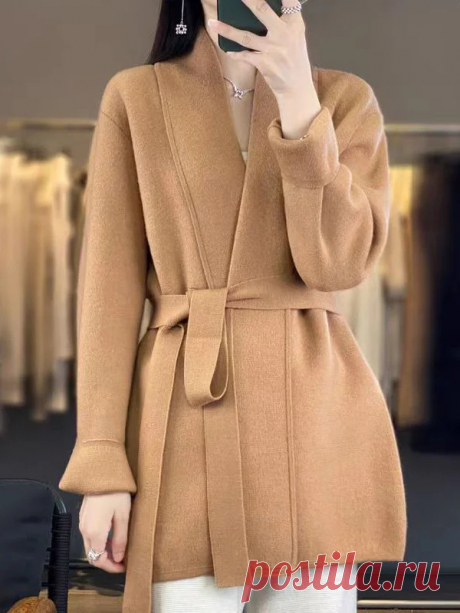 Long Sleeve V-Neck Cardigan | Loose Fit Solid Color Tied Waist Top