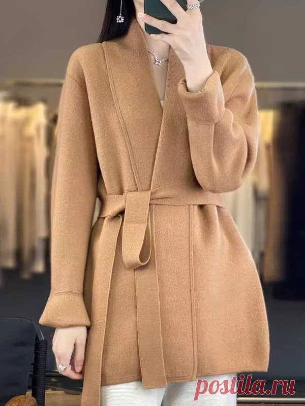 Long Sleeve V-Neck Cardigan | Loose Fit Solid Color Tied Waist Top