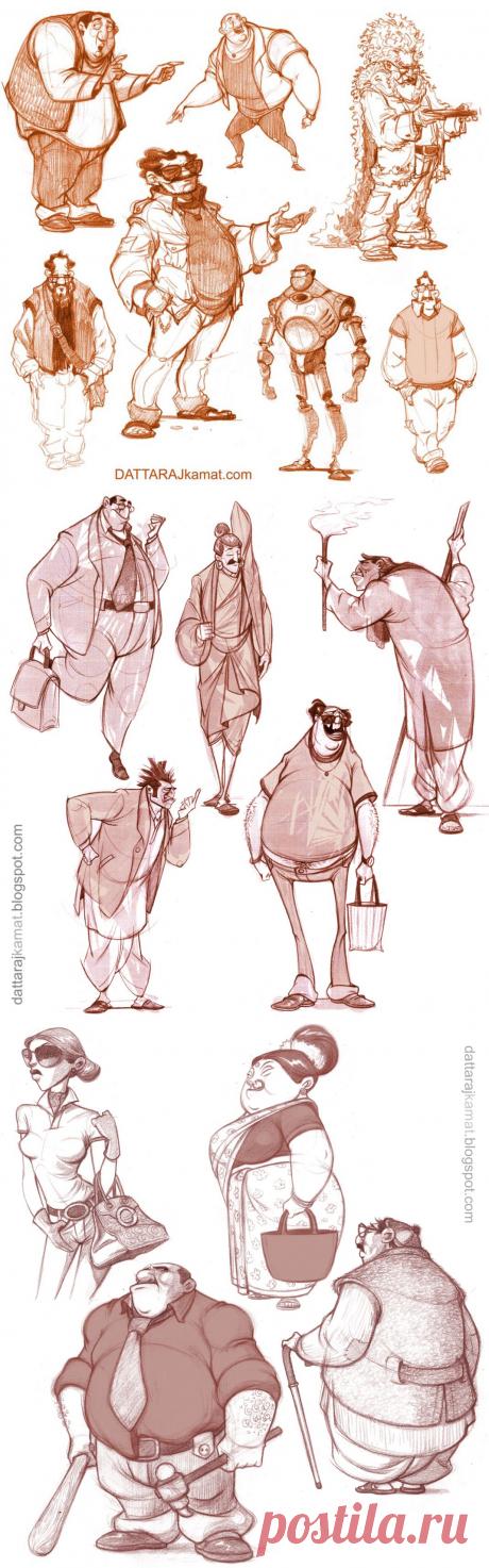 карандашные зарисовки силуэтов людей и животных.