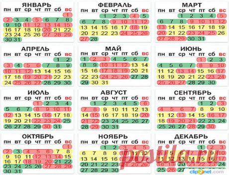 2017 год. Зеленые - благоприятные дни, желтые - убывающая луна, красные - неблагоприятные дни для посадки/пересадки.